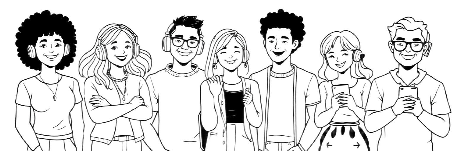 Illustration of a diverse group of music listeners